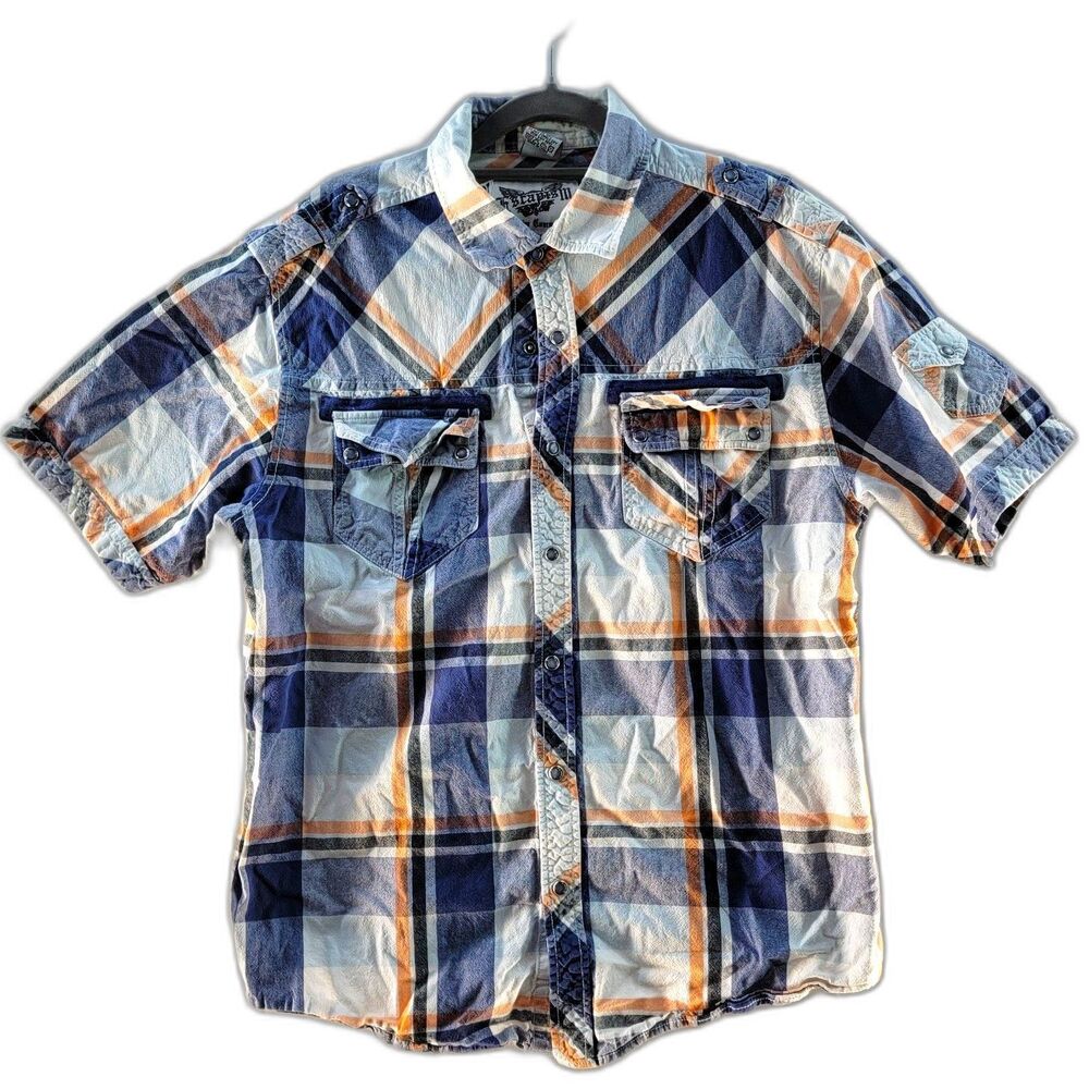 Escapism Casual Plaid Multi-Color 100% Cotton Snap Button Short Sleeves Shirt XL